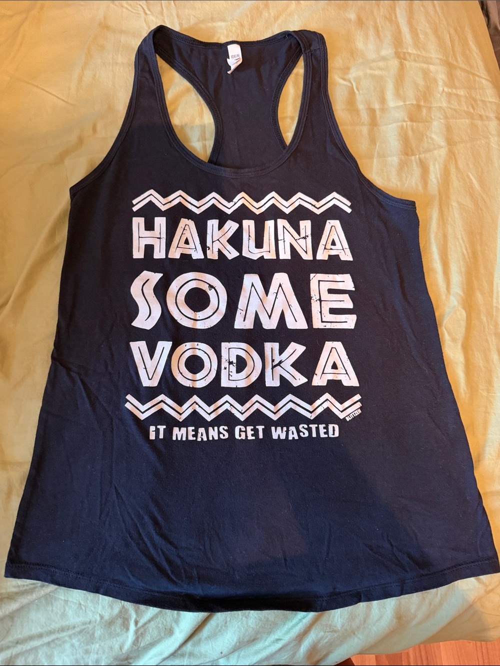 Black Graphic Racerback Tank Top with White 'Hakuna Some Vodka' Print